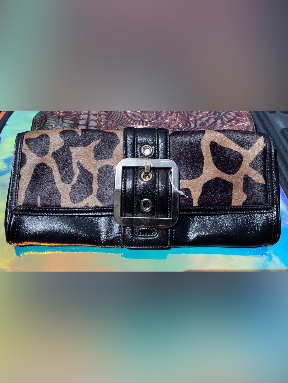 NWT Leather Brown & Black Leopard Haircalf Envelope Clutch Buckle Detail